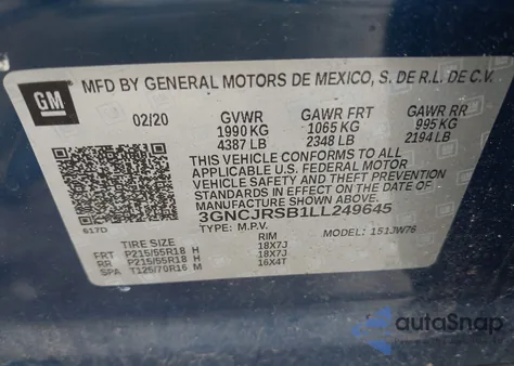 2020 Chevrolet Trax Awd Premier из США, поврежденный, VIN 3GNCJRSB1LL249645